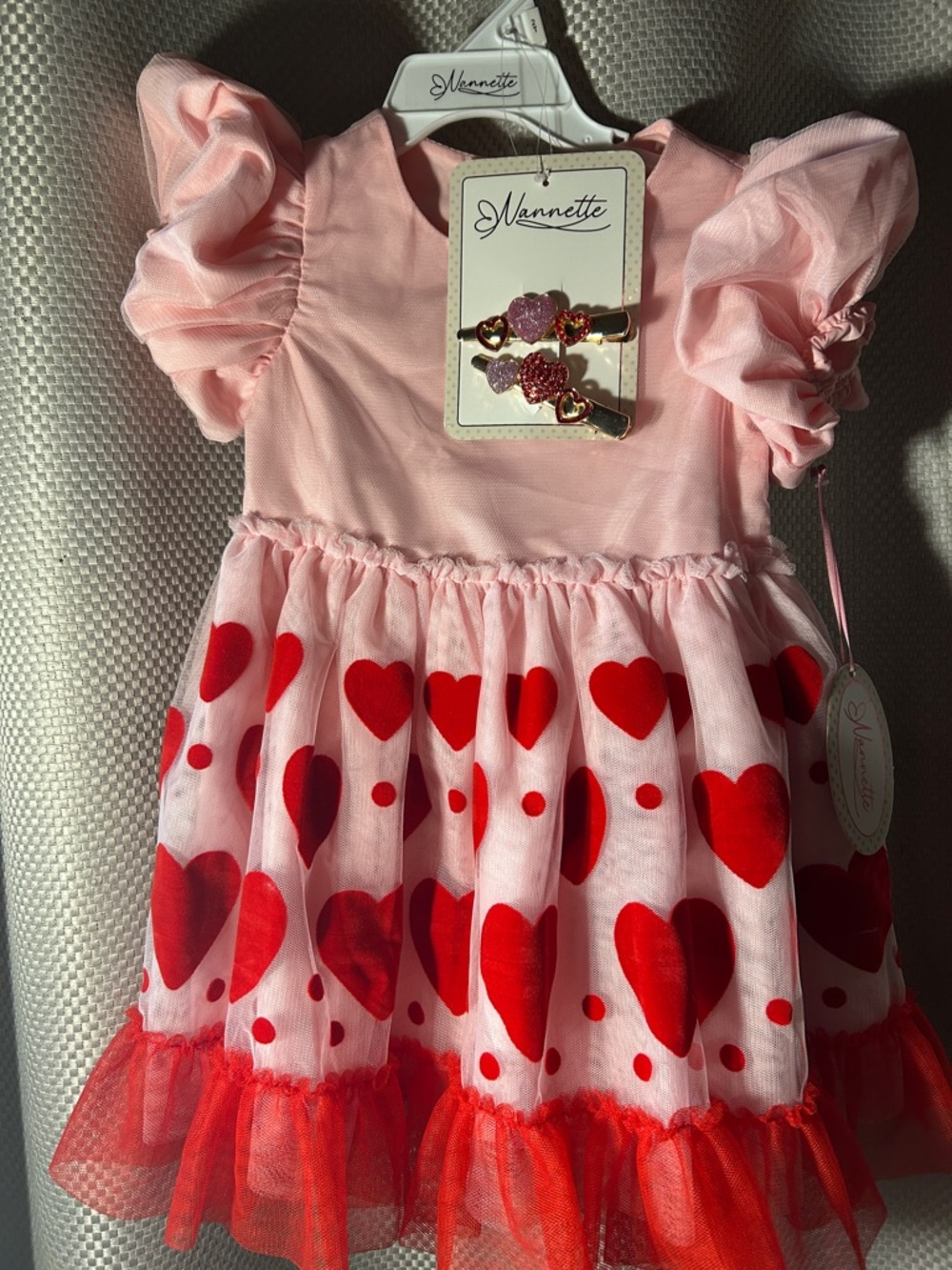 Nannette fancy Pink and Red Heart dress 2T with 2 matching hair clips